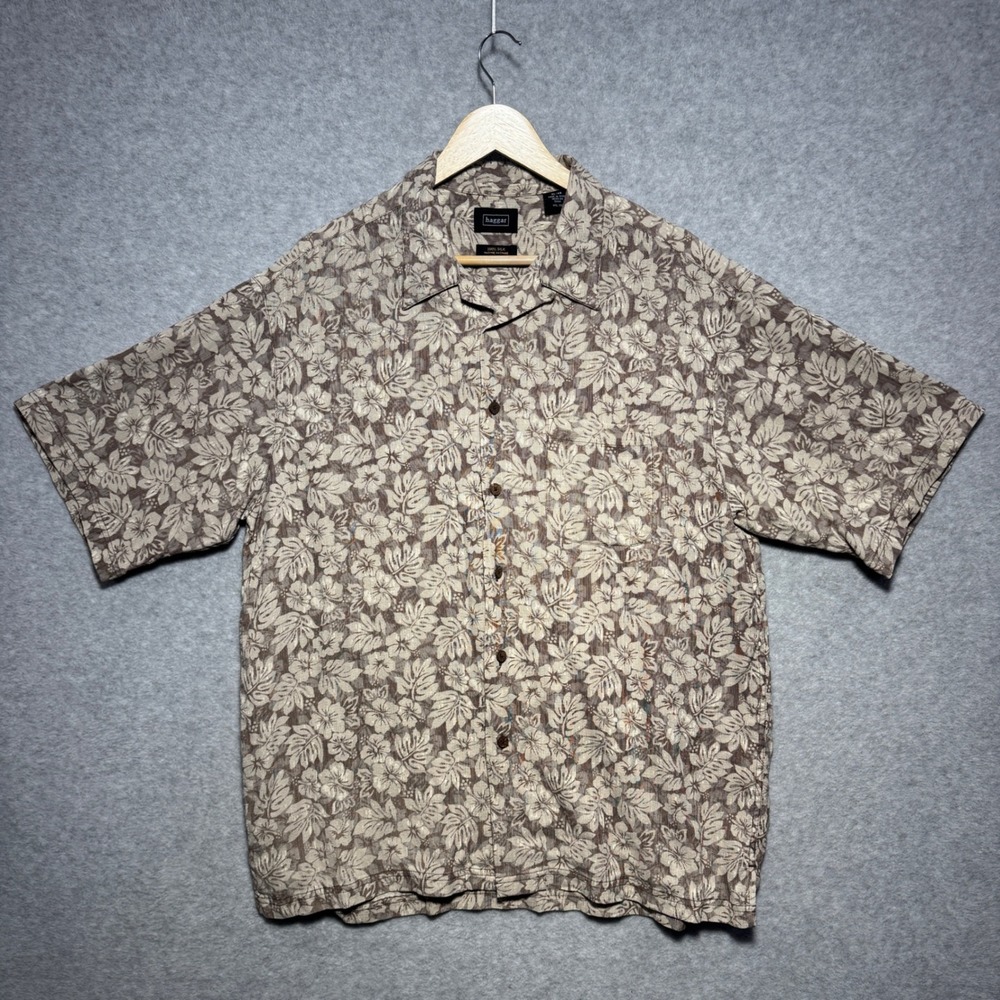 Haggar Mens XL Silk Button Down Shirt Brown Floral Tropical Camp Short Sleeve